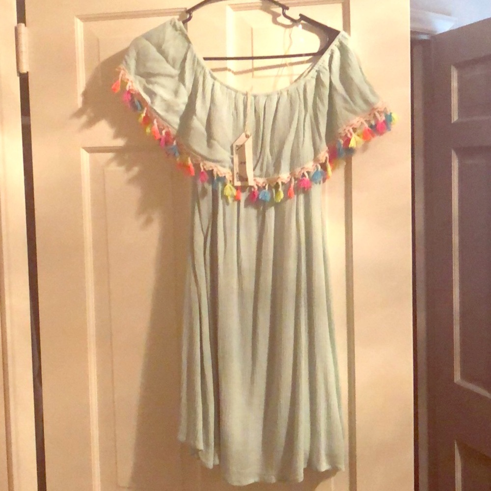 NWT Light Aqua off shoulder tassel dress